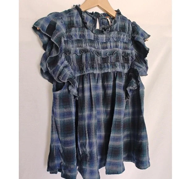 Free People‎ Not Your Average Girl Plaid Top Blue Gray Black Sleeveless XS - Picture 3 of 8